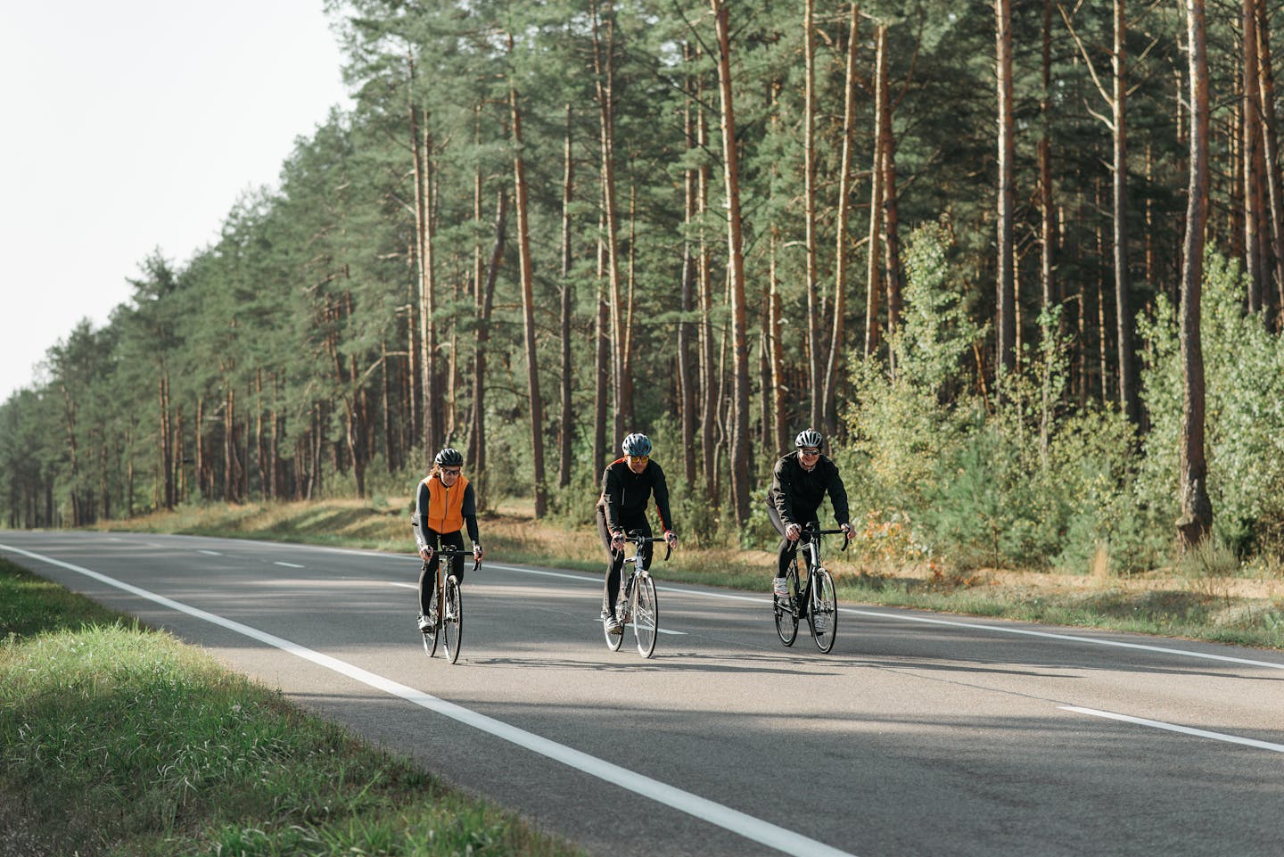 Three cyclists enjoying a ride on a peaceful forest highway during a sunny day.