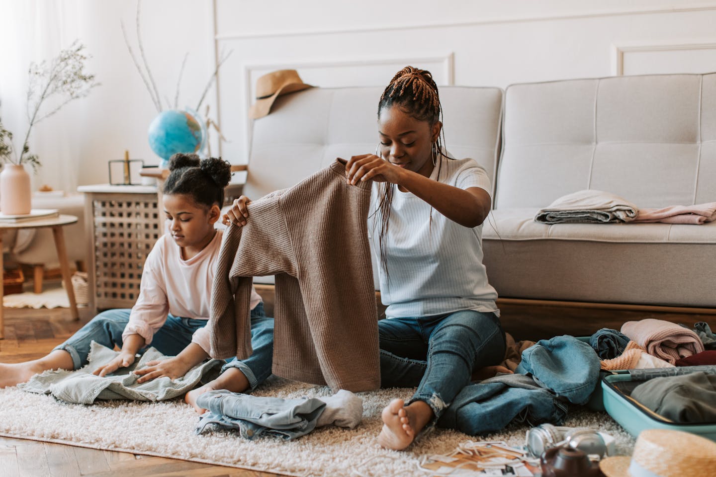 A warm moment of a mother and daughter folding clothes together on the living room floor.